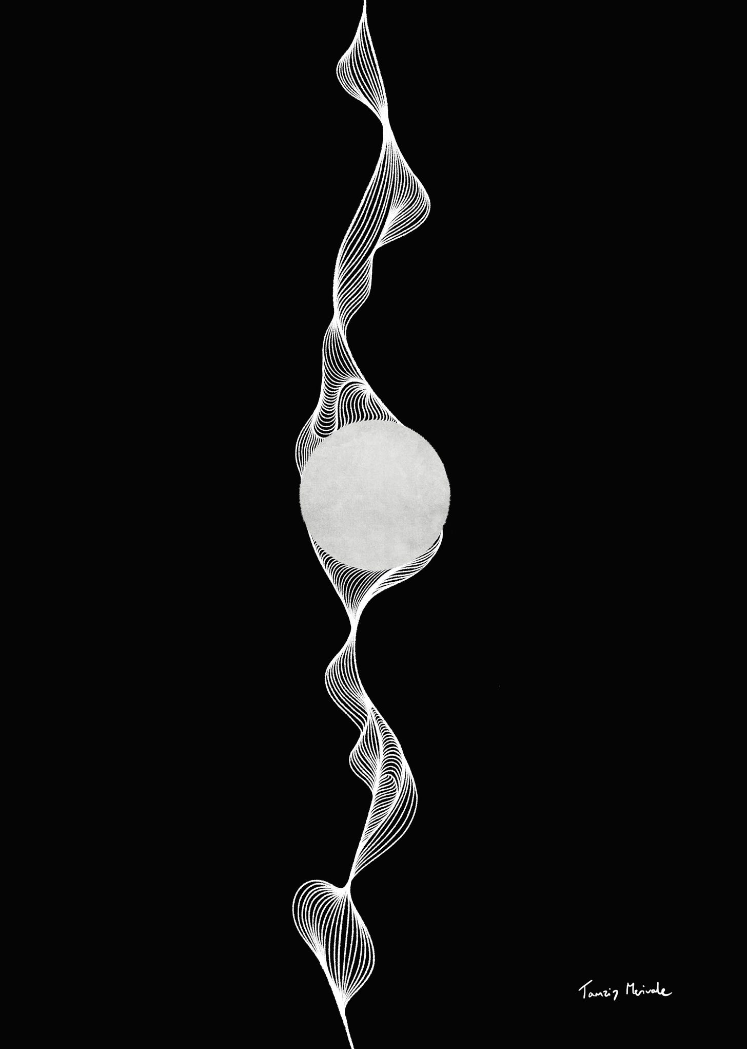 White lines in the centre drawn on a black background, with a circle in the middle. Artwork depicting smoke, energy or light in the darkness