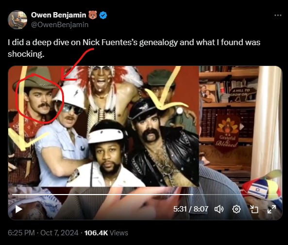 Screenshot of Owen Benjamin tweet in which he shares some fun facts about Nick Fuentes