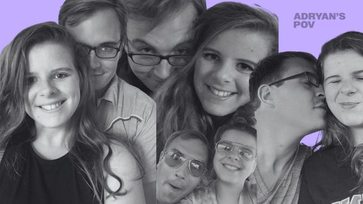 A collage of black-and-white photos features Adryan, who has long hair, and Chris, who wears glasses. The images depict various moments of closeness and happiness between them. In one, Adryan smiles brightly while Chris leans in behind them. Another shows Chris peering over Adryan's shoulder with a playful expression. In a third, Chris kisses Adryan’s cheek as Adryan makes a scrunched-up face. Additional shots include candid selfies where they appear joyful and relaxed together. The collage has a soft purple background with "ADRYAN'S POV" written in the top-right corner.