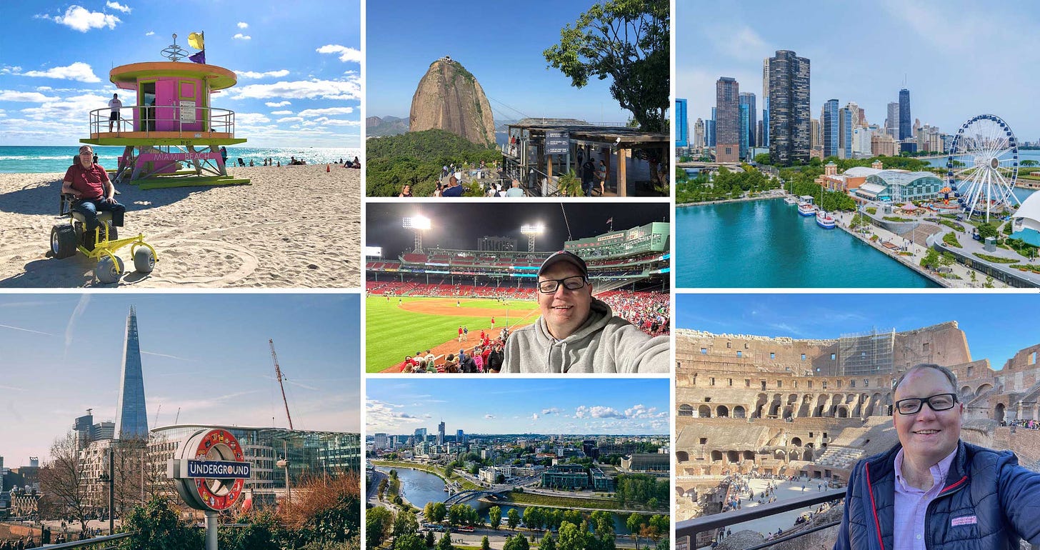Collage of various cities and destinations, including some selfies of John in front of attractions and in a beach wheelchair.