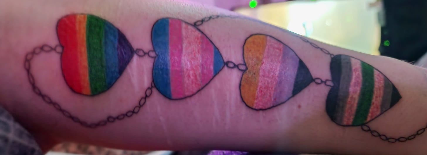 A left forearm with hearts bearing the colours of, left to right, the pride flag; trans flag; nonbinary flag; agender flag. The hearts are connected by a chain, which flows around and behind them.
