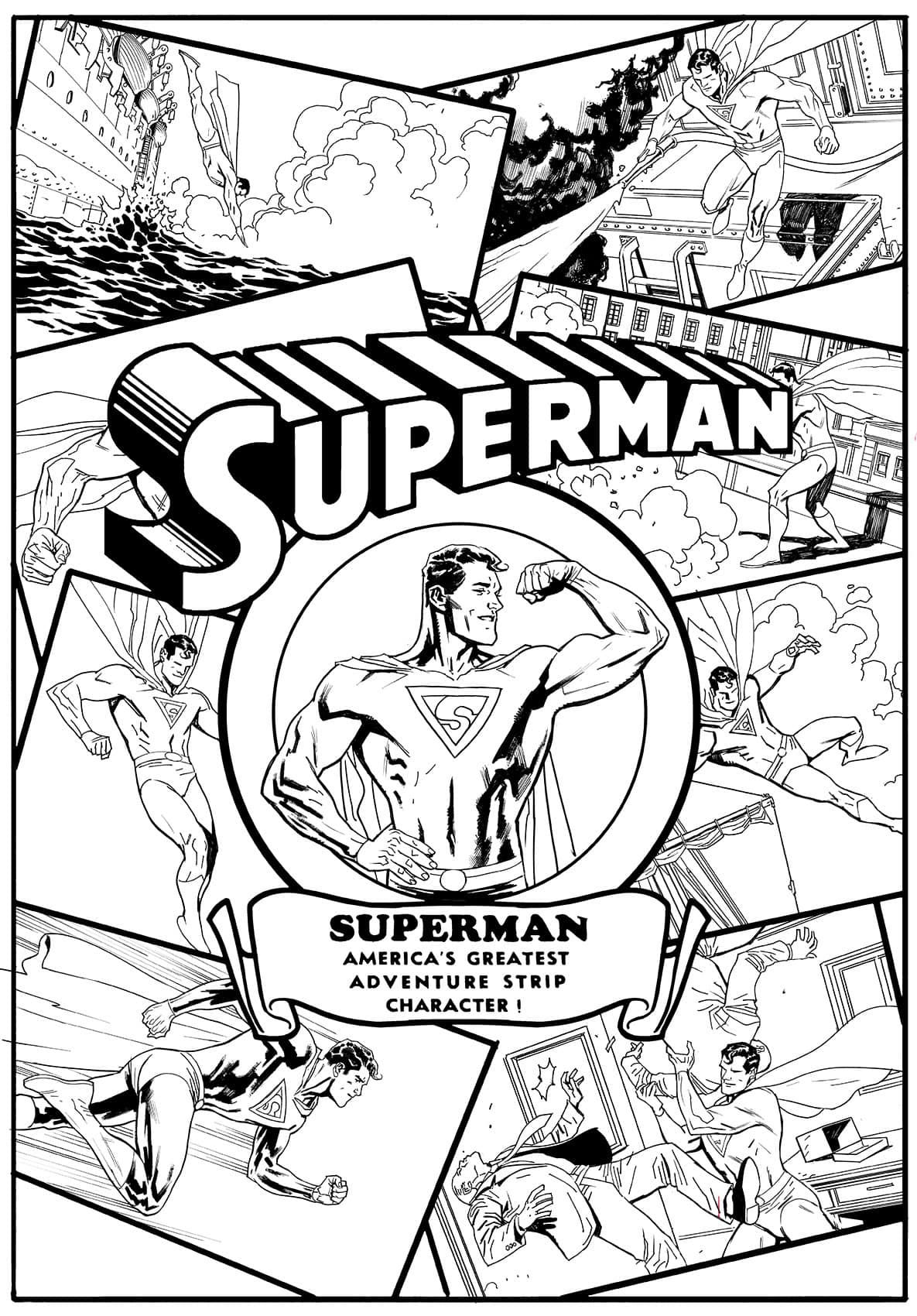 May be an illustration of Superman and text that says 'SUPERMAN SUPE RMAN SUPERMAN AMERICA'S GREATEST ADVENTURE STRIP CHARACTER!'