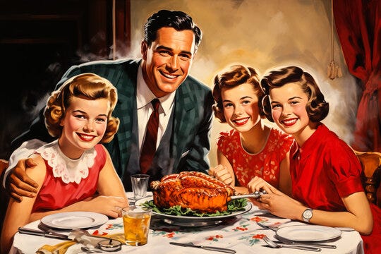 A 1950's American family posing happily for the camera, about to eat a holiday meal. 
