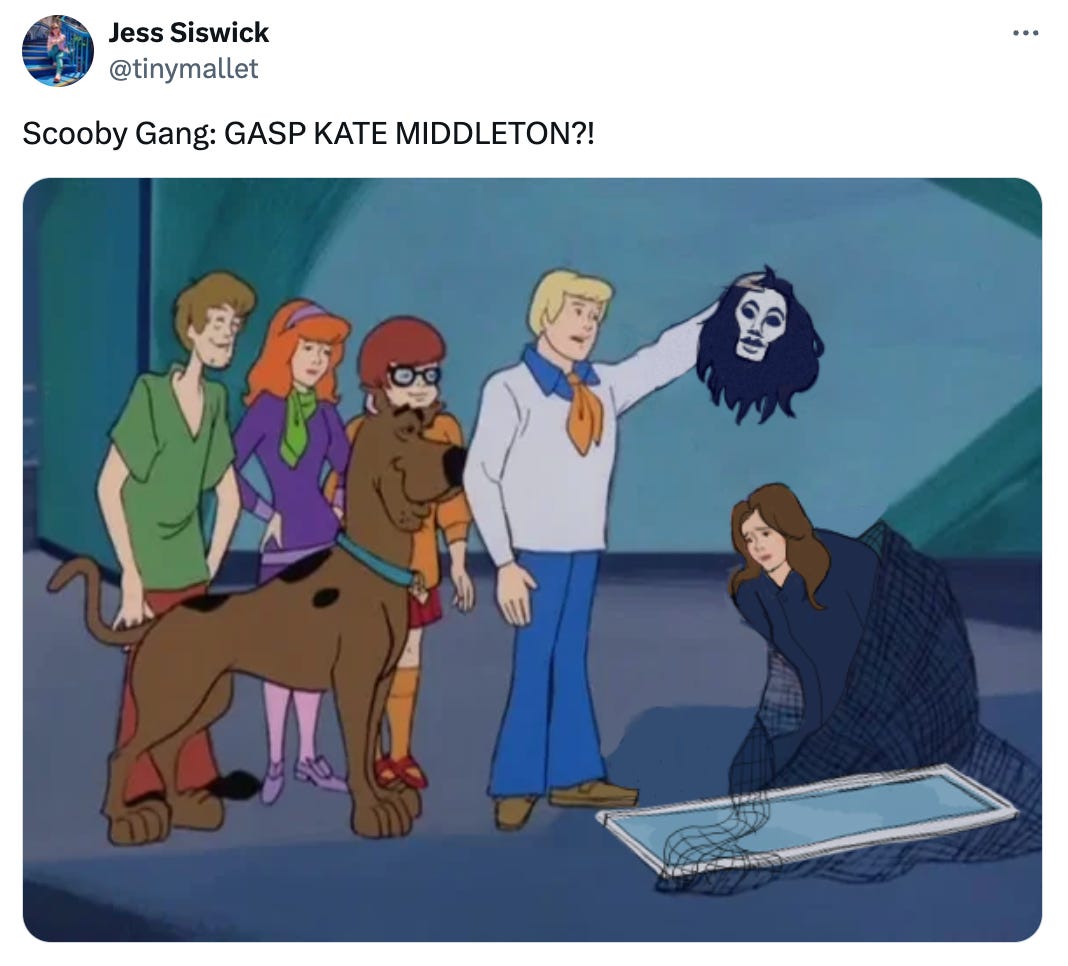Tweet from @tinymallet; text reads "Scooby Gang: GASP KATE MIDDLETON?!" and features an image of the Scooby Doo crew unmasking The Unknown from The Glasgow Willy Wonka Experience and it's Kate Middleton under the mask.