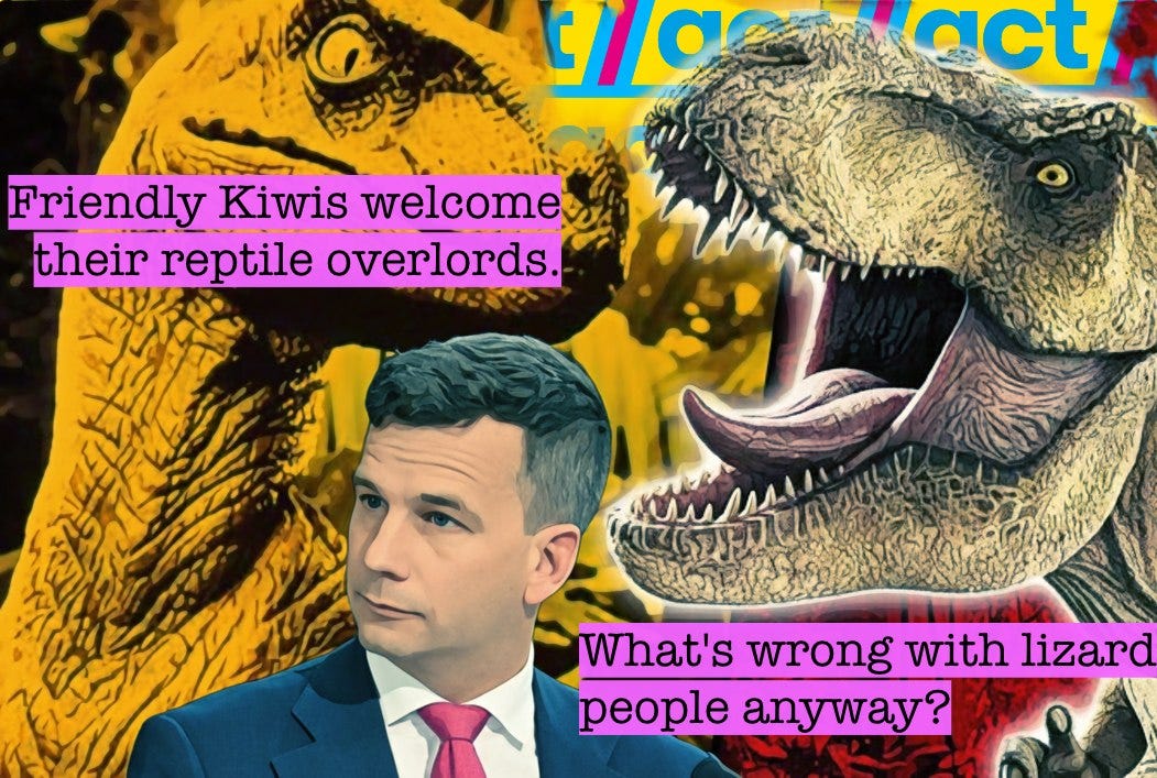 A picture of David Seymour with dinosaurs, our new reptile overlords.