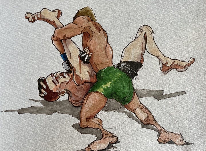 Dricus Du Plessis wrestles Robert Whittaker.