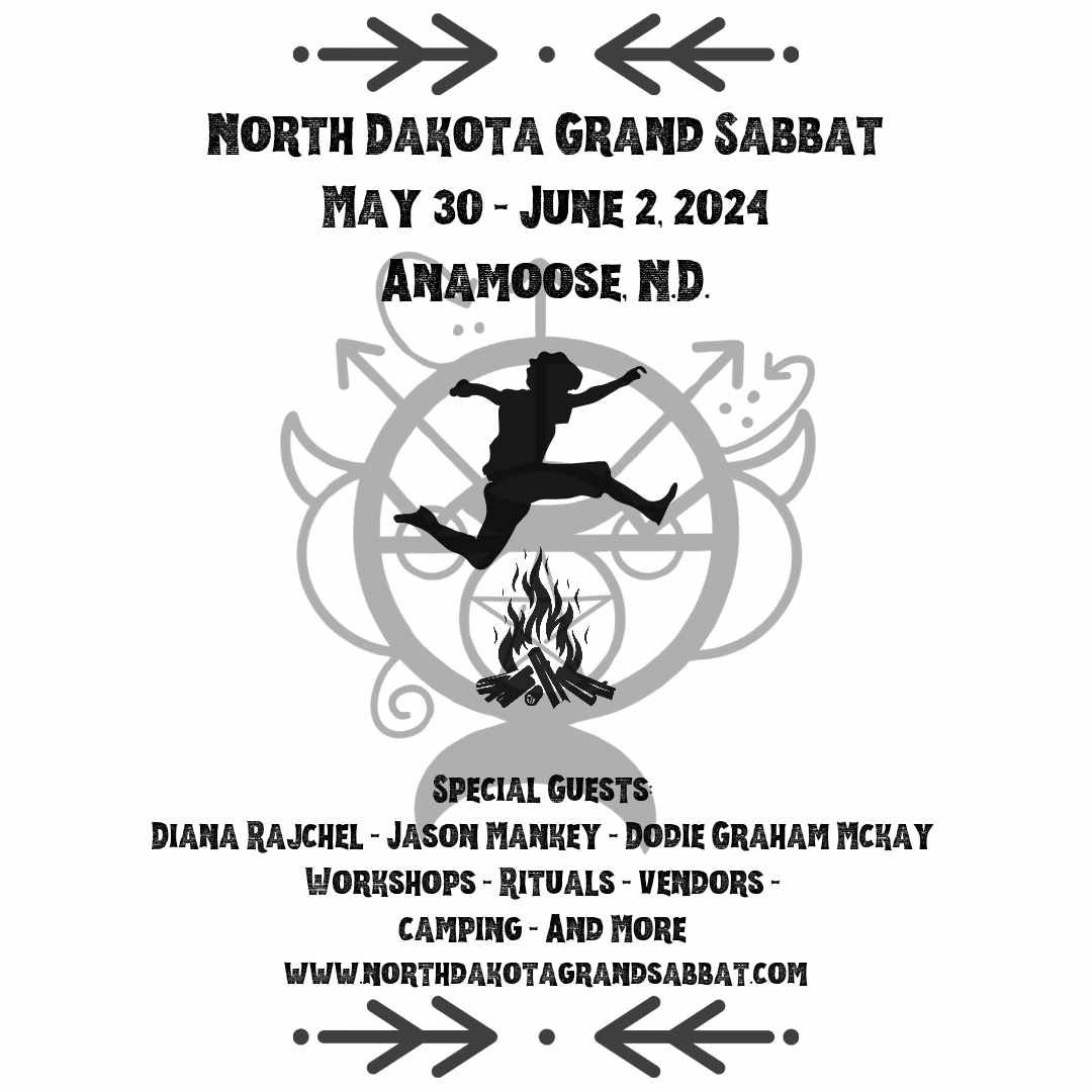 Image of a silhouetted boy jumping over a fire, with a pentacle in the background and text about North Dakota Grand Sabbat.