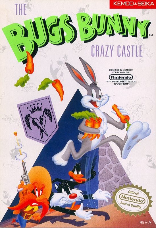 A scan of the NES cover for The Bugs Bunny Crazy Castle, which features Bugs smiling and carrying a bunch of carrots as he runs from Daffy Duck, Yosemite Sam, and Sylvester the Cat