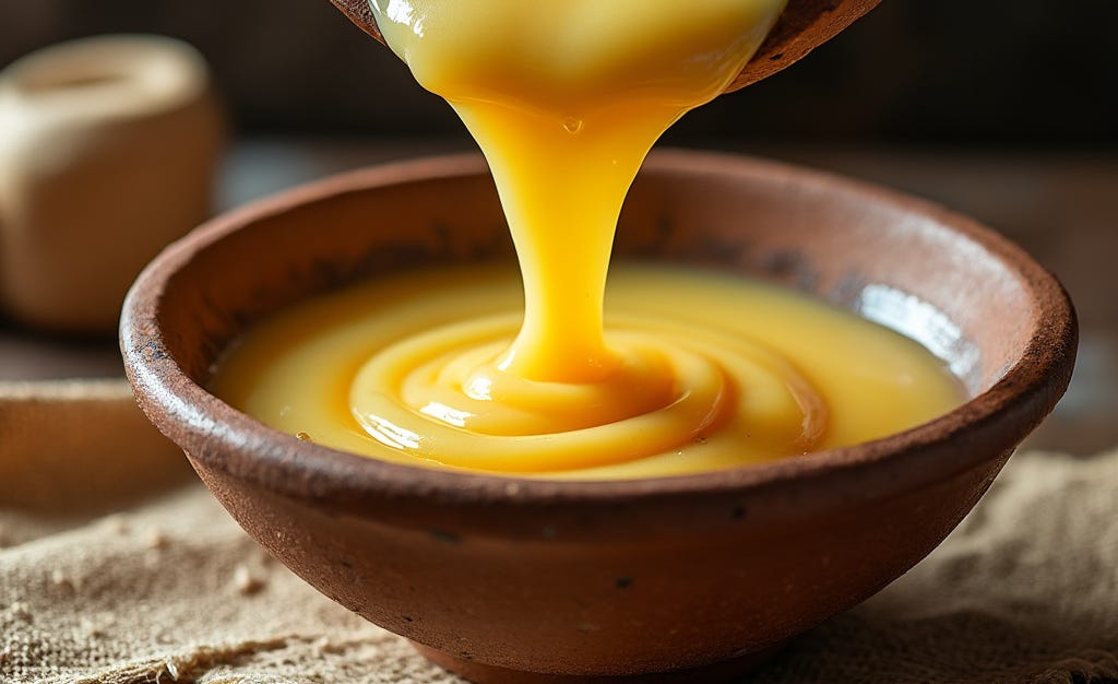 The image shows a rich, golden-yellow, creamy mixture being poured into a rustic, earthenware bowl. The mixture appears smooth and glossy, with a thick consistency resembling a blend of butter and honey. The warm tones and texture suggest a Middle Eastern dish, typically made by combining clarified butter (ghee) and honey for a spread or dessert. The lighting accentuates the luscious texture, making the mixture appear indulgent and appetizing.