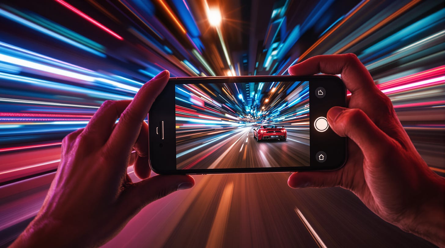 A red sports car speeding along a brightly lit urban roadway at night. The foreground focuses on a smartphone capturing the car as it races past, showing a sharp and vibrant image of the scene. Surrounding neon streaks and modern architecture enhance the sense of motion and energy.