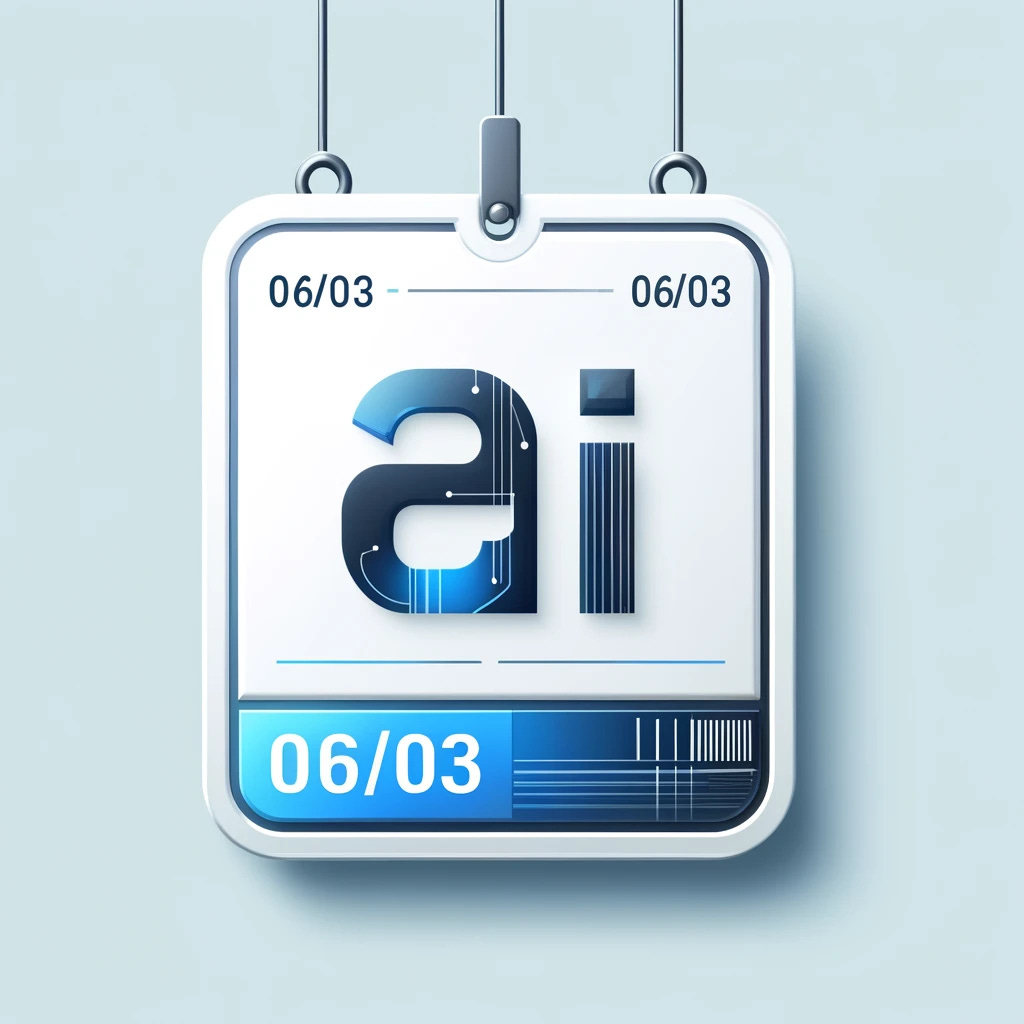 A digital image with a modern design featuring the date 06/03 and the text 'AI'. The date should be prominently displayed, possibly on a hanging sign or banner. The overall aesthetic should be sleek and tech-oriented, using clean lines and a futuristic style. Colors should include shades of blue and white to give a high-tech feel.