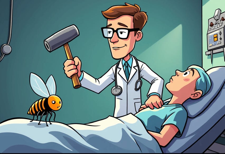 A cartoon of a doctor holding a hammer to a patient

Description automatically generated