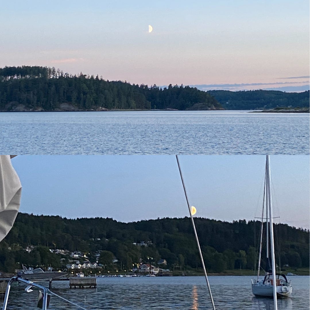 Duas imagens: A primeira mostra a lua no meio do céu, a floresta no meio e o mar abaixo. A segunda, a lua já está entrando atrás da floresta e no mar há um barco estacionado.