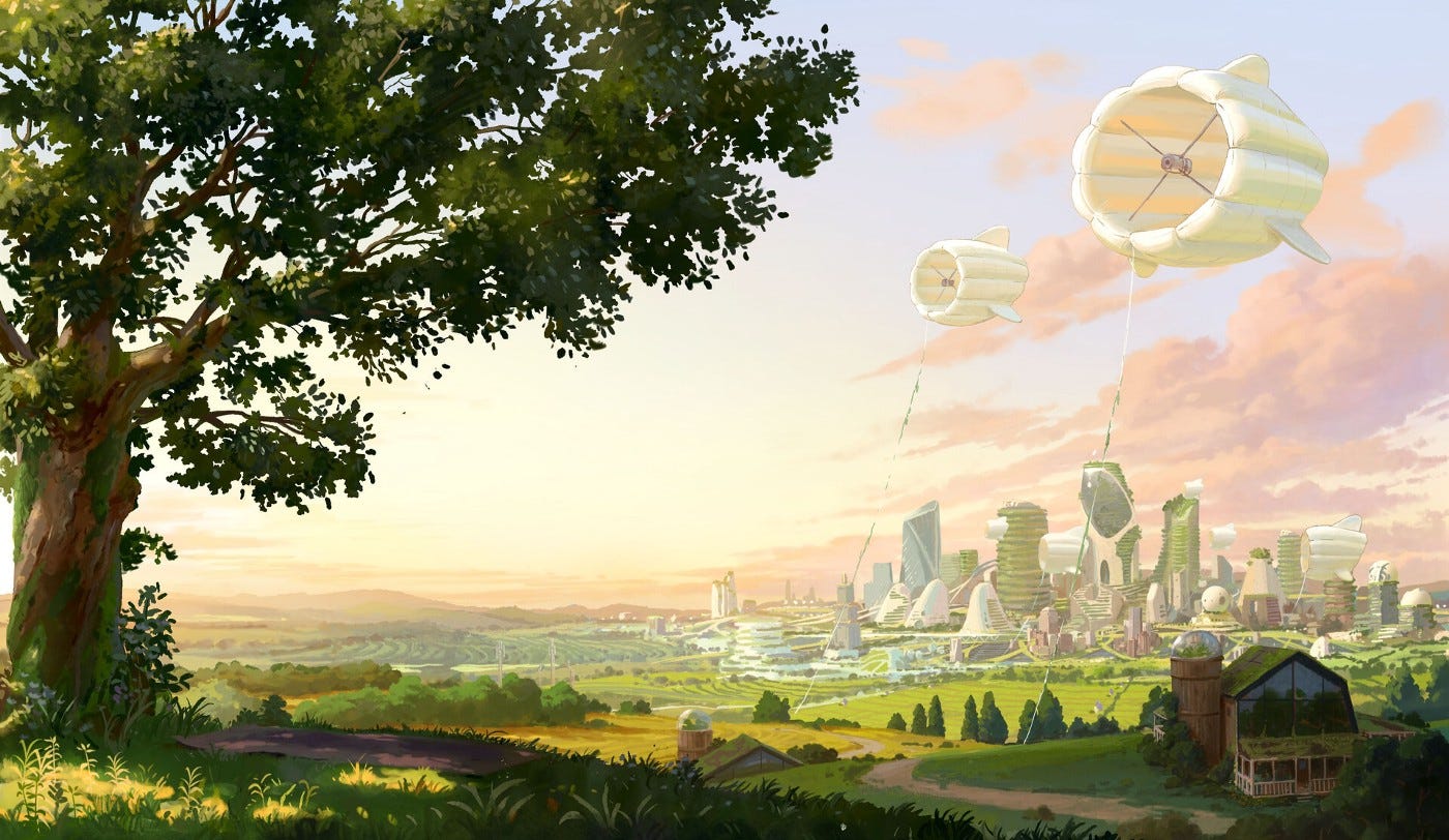 A view of a futuristic green city. Solarpunk combines a return to nature with futuristic technologies.