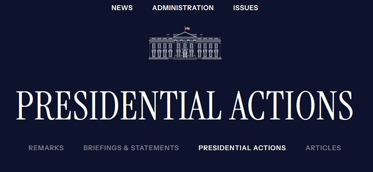 header of the white house presidential actions page