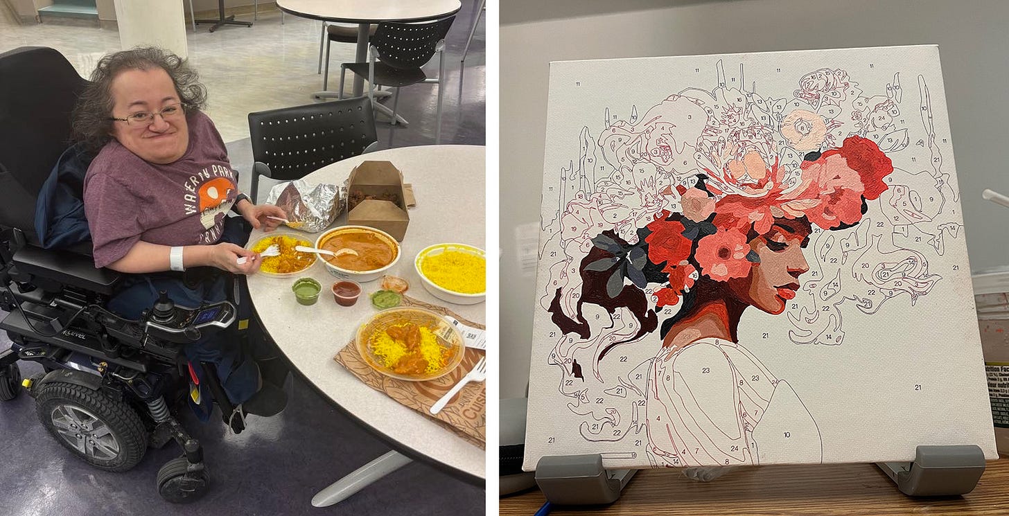 Left photo: Athena seated in her power wheelchair in the hospital cafeteria with an array of takeout Indian food before her. Right photo: A partially completed paint-by-number of a woman in profile with flowers in her hair. The canvas is propped up on a laptop stand on a hospital tray table.