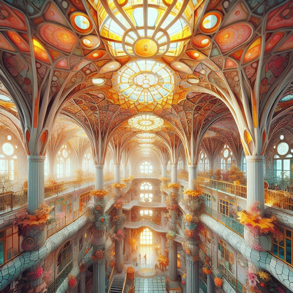 Hyper realistic; tilt shift;, Nigel Stanford: A New Zealand cymatic visualization and Philip Beesley architecture with coral Quatrefoil: cream Gothic Tracery: Louver  yellow and chartreuse decorative ceiling tiles.Hundertwasserhaus, Vienna, Austria: asian pagoda..Vast distance... Radiant. Ethereal