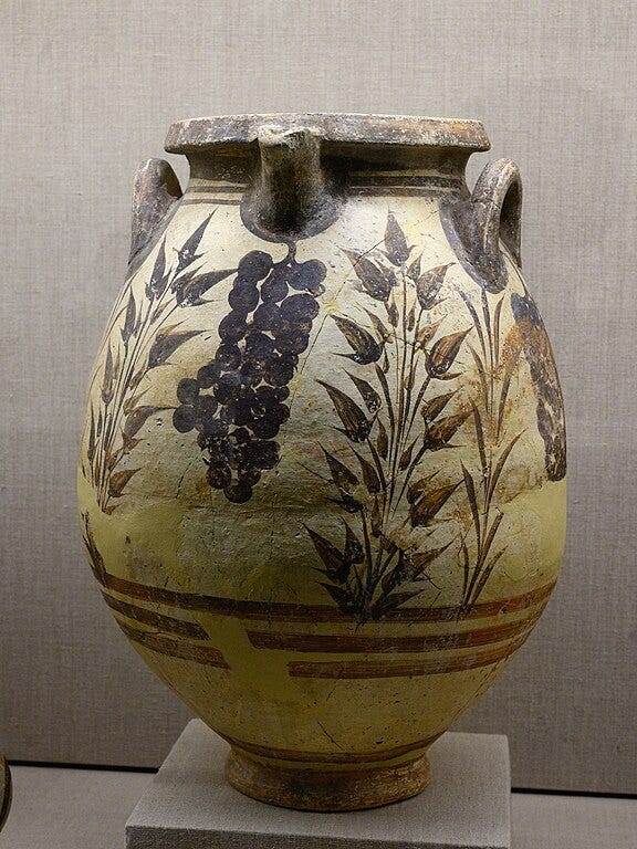 Minoan jug from Akrotiri, circa 1625 BCE, decorated with a design of grape clusters and seed pods.