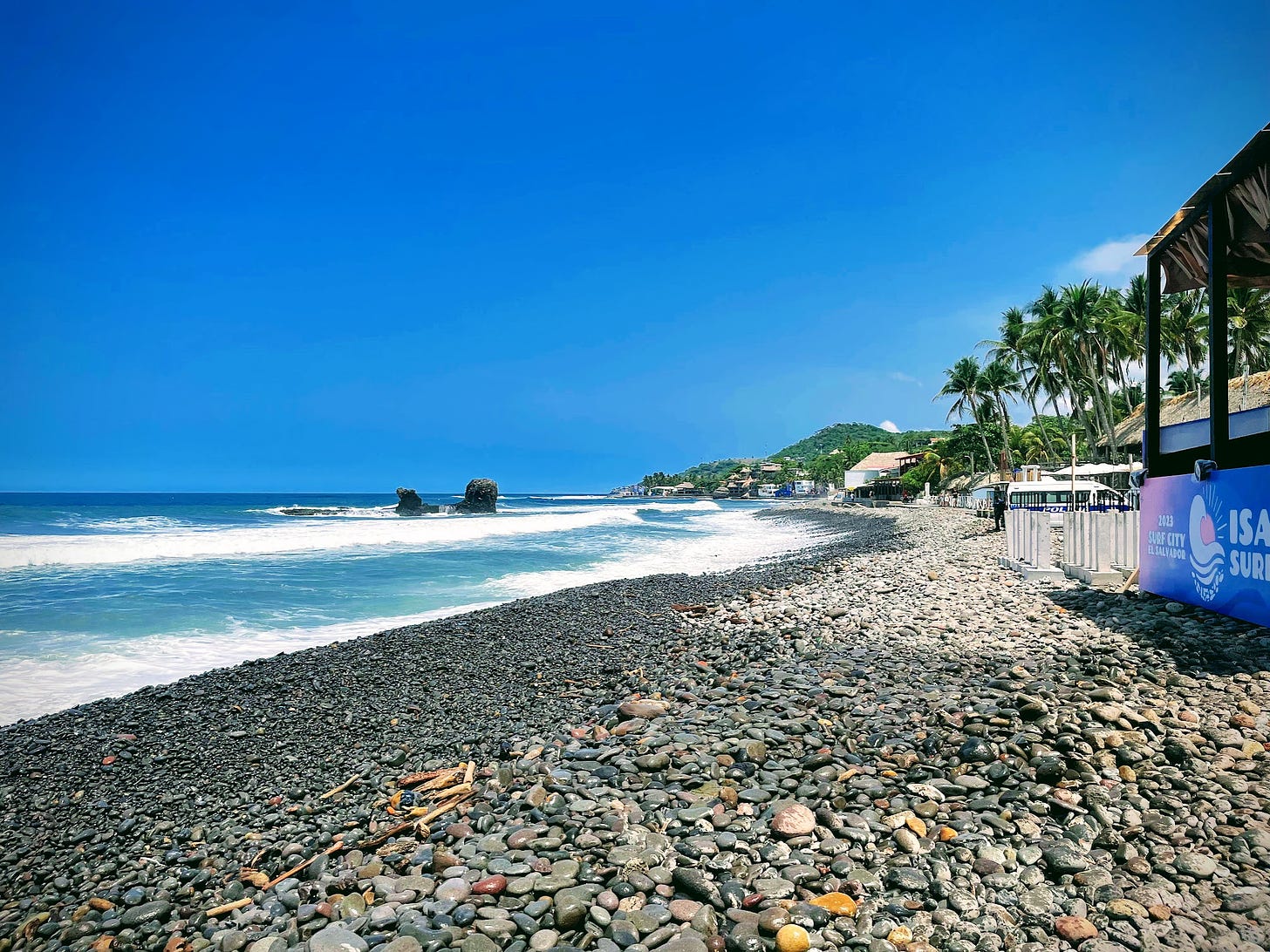 A rocky coastline under a bright blue sky, with palm trees and a few rocks in the ocean