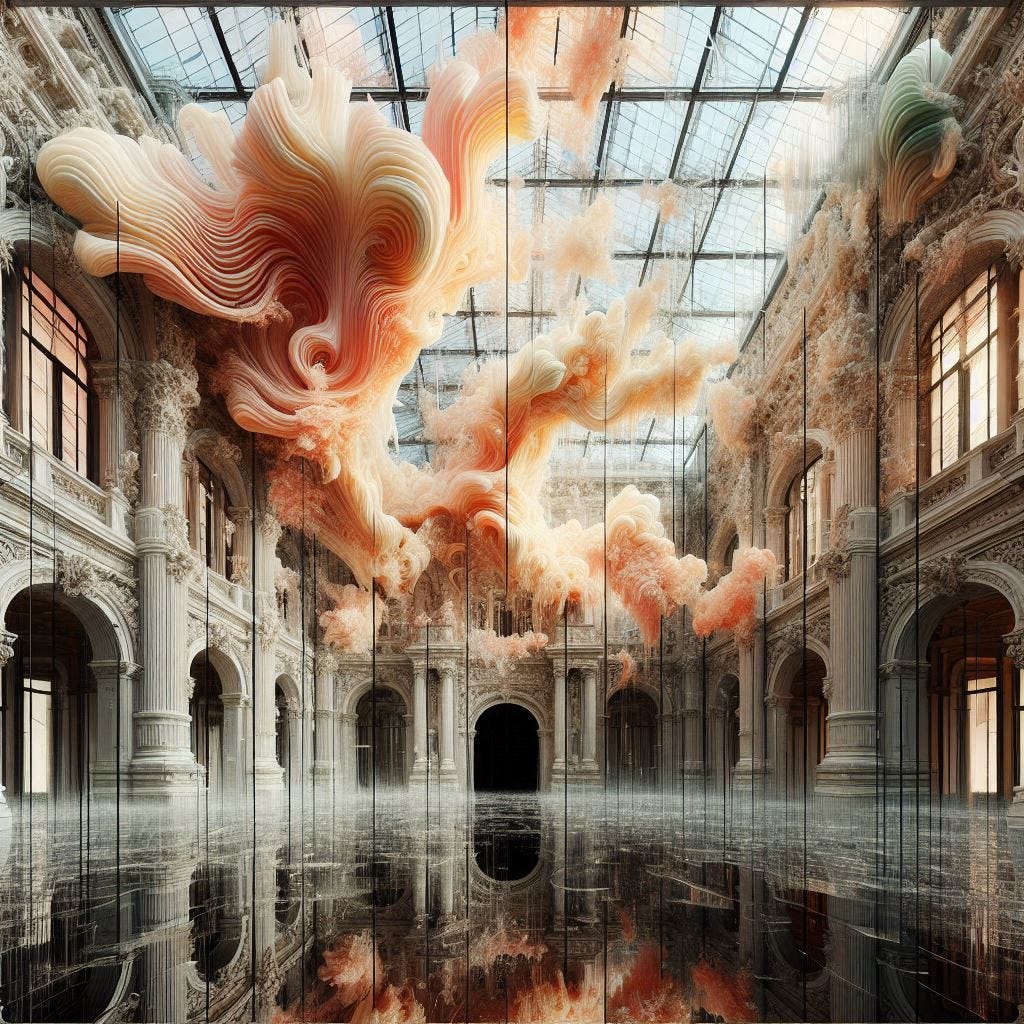 inside glass structure; tiltshift/ 5d angle glass embedded Altgeld hall building/ Broken into fragments/ pieces/ whiten lion roaring with hair made of water in resin/ ; in front of  Altgeld hall in /  coral orange, pink, cream, olive address/ reverberating waves. black hole in floor/ water in resin verdigris/ In the style of Michael Parkes. black etching/ black linework/ black sky 