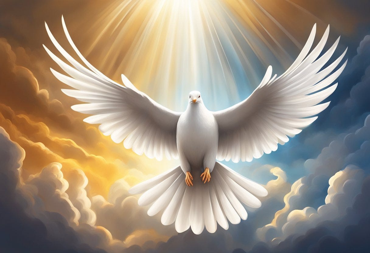 A dove descending from heaven with rays of light shining down, surrounded by flames and a gentle wind, representing the Holy Spirit's presence and power