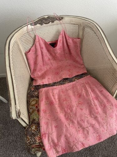 Vtg 90s Coquette Sz 12 Linen Ann Taylor 2 Pc Set Tank Top Skirt Set Floral Pink - Picture 2 of 11