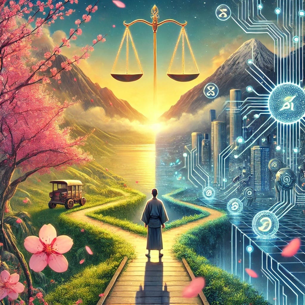 Image generated by ChatGPT to illustrate the essay, it is split into two, on the left there is the sense of purpose and ikigai with calm and cherry blossom trees in pinky tones, on the right there is the sense of AI with lots of blue, at the top are the balance scales currently even.