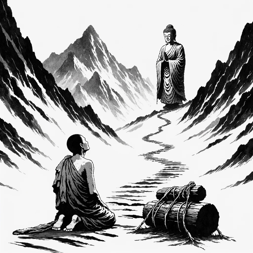 In a minimalistic traditional Zen Buddhist art style, using only black ink brush strokes on white paper, depict a young monk named Jivan in the moment of enlightenment. He is kneeling on a steep and winding path in a serene mountainous valley, with an expression of awe and realization, tears of joy on his face. He gazes towards a figure representing the Buddha, disguised as a humble peasant with a gentle smile, standing beside a heavy burden of wood laid down at his feet, symbolizing the release of worldly attachments. The background should reflect the simplicity and rugged beauty of nature with implied towering mountains and a clear sky, maintaining a black and white, minimalistic approach to convey peace, simplicity, and profound realization.
