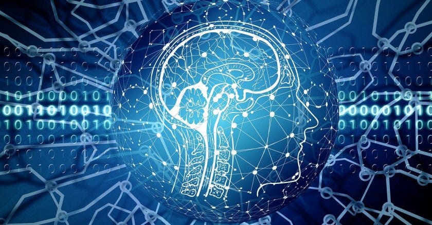 Picture of a cross section of a brain overlaid with abstract representation of digital technology