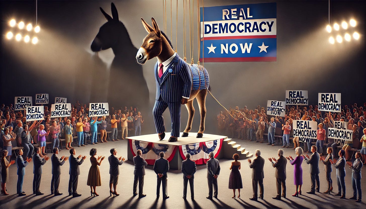 A tall, lavishly dressed donkey, symbolizing the Democratic Party elite, stands on a raised platform, overshadowing a diverse crowd of everyday people holding signs that read ‘Real Democracy Now.’ The donkey is subtly tethered by strings leading up to shadowy figures in the background, representing powerful donors. The scene conveys tension between the party leadership’s self-interest and the grassroots demand for genuine self-governance. The lighting is dramatic, creating a photorealistic and high-resolution image with a sense of political drama and realism.