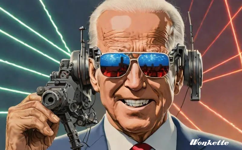 AI generated image depicting Joe Biden as a cyborg robot wearing Ray-Bans, an audio headset, and holding a complicated laser-like thing. He's smiling as lasers shoot behind him on a red and blue background