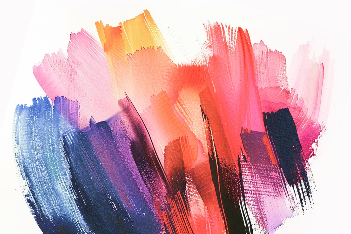 Broad abstract watercolor brush strokes in blue, purple, pink, yellow, orange, red, and magenta organically blending into each other.