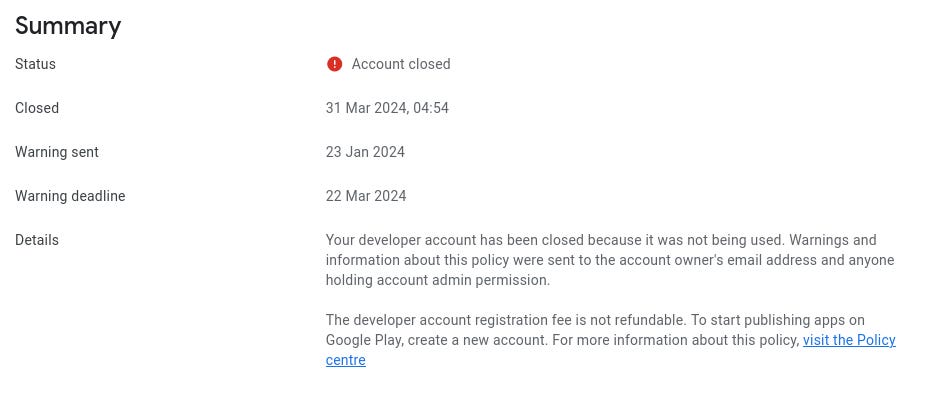 Google Play Developer Console account closed
