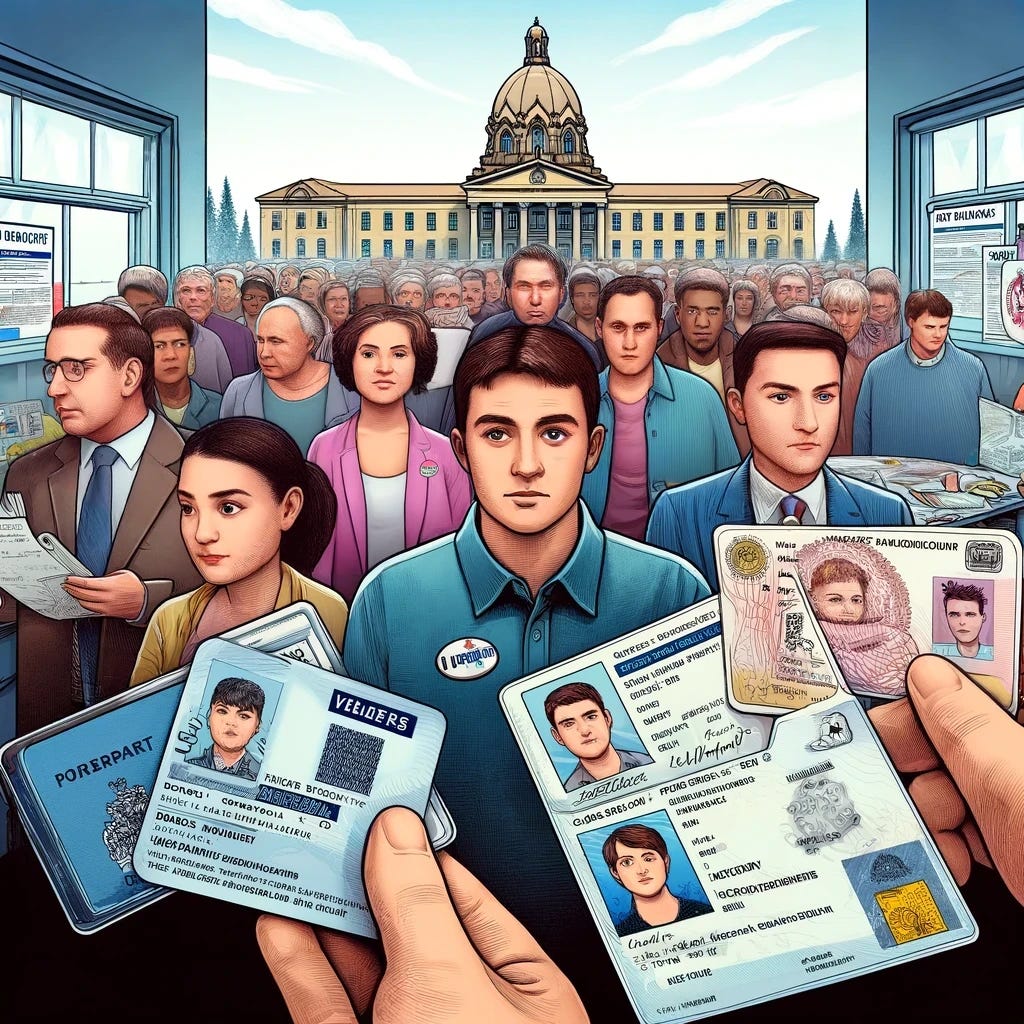 A detailed illustration depicting the complexities of voter ID laws in Alberta, Canada, with enhanced ethnic diversity among the figures. The scene is set in a voting station where a more distinctly diverse group of Albertans, representing a wider range of ethnic backgrounds, is looking concerned as they hold various forms of photo identification. Featured are items like a driver's license, a passport, and other government-issued IDs, each showing complex bureaucratic symbols. The background features the Alberta legislature, emphasizing the local context.