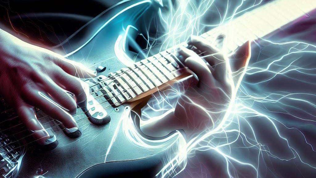 Alguien tocando una guitarra eléctrica con un fondo de rayos