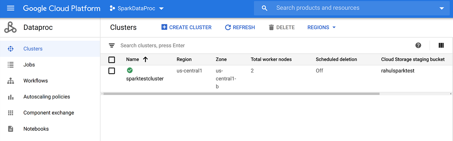 Dataproc Clusters Page