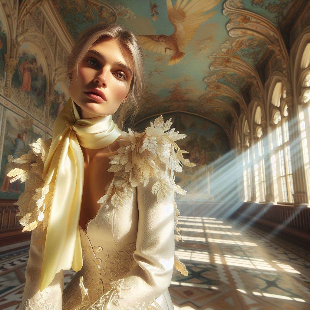woman wearing dress cream and white with silk.Willow Catkin with yellow details.Willow Catkin scarf.she is in a guilded hall leaning toward the camera in a mansion with flying buttresses and ornate ceiling tiles. Wall panel artwork in baroque style and the style of peter max intermitent light coral and light yellows accents. Sunlight streaming in through a stained glass window of blues and greens.luminescent. Ethereal.