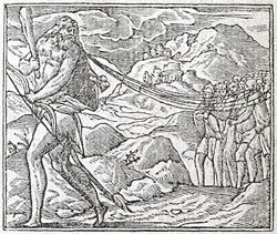 Hercules wearing a lion skin and carrying a club and bow, leading a group of men with ropes attached to his tongue and their ears.