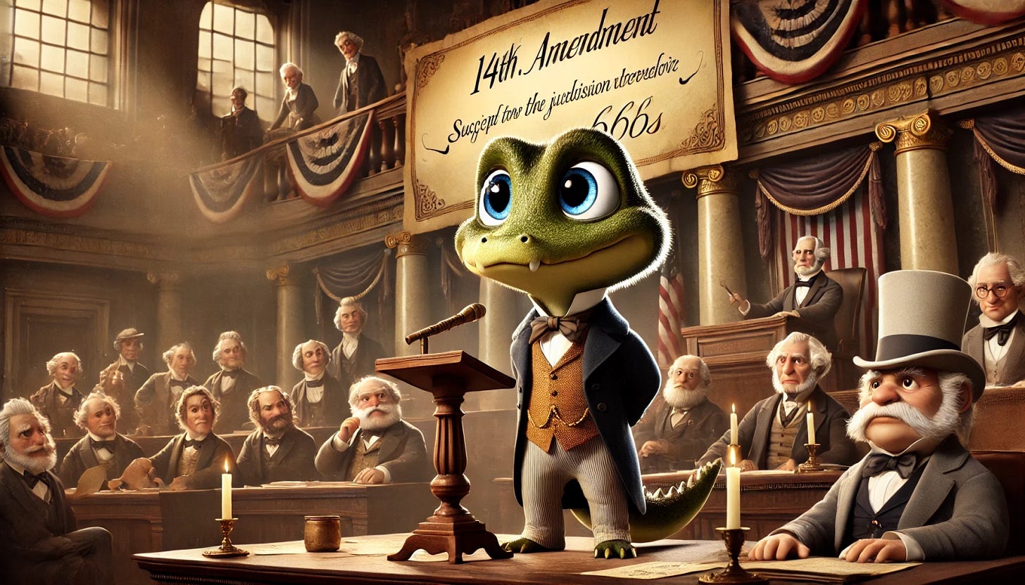 A small, cute, anthropomorphic gator named Croaky depicted as a historical figure at the debates for the 14th Amendment in the 1860s. Croaky has a Pixar-Disney style animation look, featuring his characteristic small size, gentle yet determined expression, and charming appearance. He is wearing 19th-century formal attire, including a waistcoat and cravat, standing confidently at a wooden podium. Behind him on a large, prominent scroll is the text '14th Amendment: Subject to the Jurisdiction Thereof,' written in bold, elegant calligraphy. He is surrounded by serious-looking, historically accurate congressmen engaged in a heated debate, with parchment documents and quill pens scattered on the desks. The scene is illuminated by warm, natural light streaming through large windows of a grand, ornate congressional chamber. The overall style is detailed and cinematic, capturing the weight and historical significance of the moment.