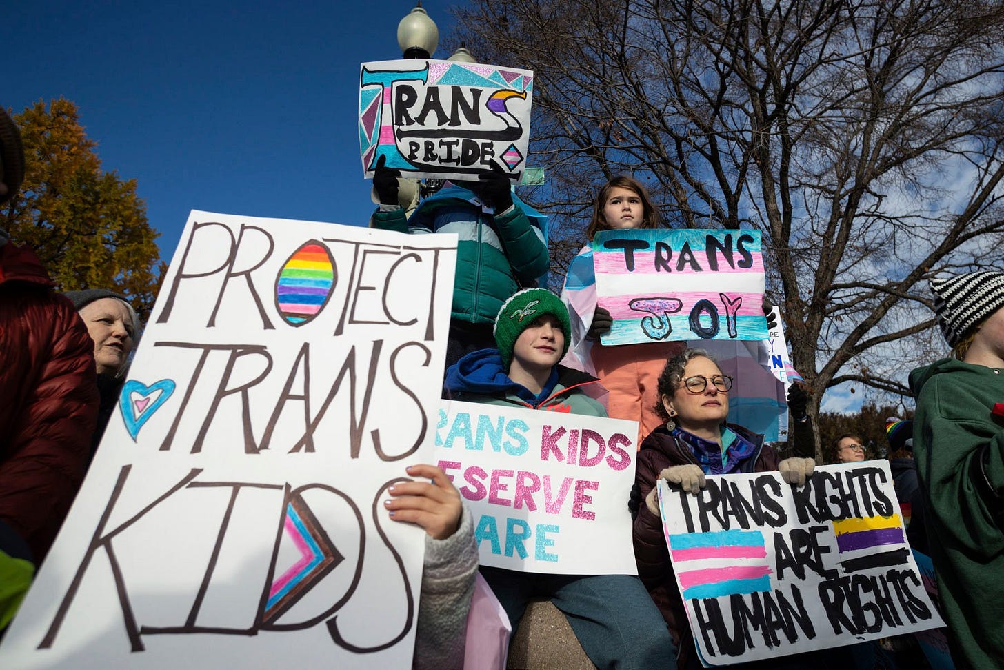 Protestors hold up trans pride signs.