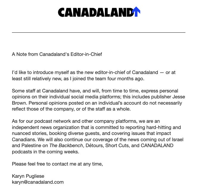 The Canadaland letter from Pugliese