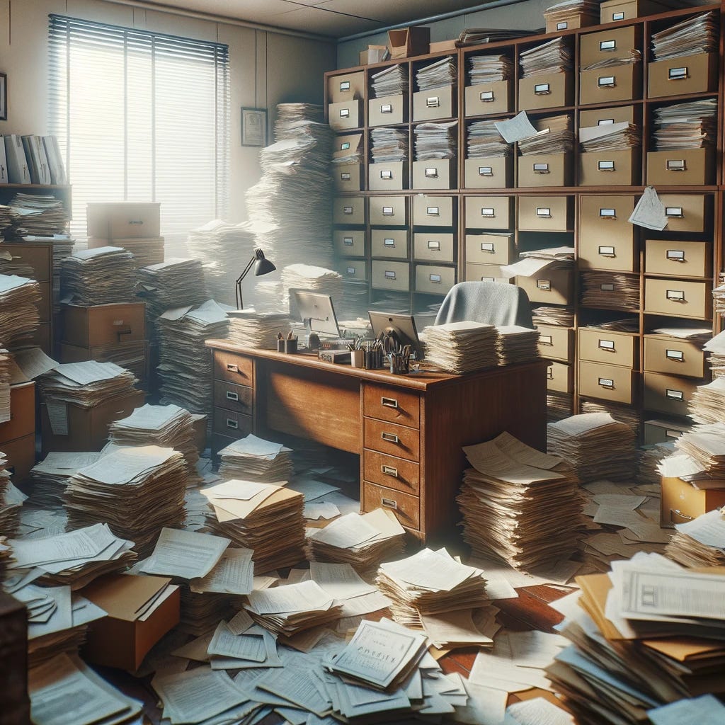 An image of a cluttered workplace filled with piles of records and papers scattered everywhere. The scene shows a traditional office environment with a wooden desk, overflowing filing cabinets, and stacks of folders and documents covering every available surface. Papers are also seen drifting off the desk and spilling onto the floor, creating a chaotic and disorganized atmosphere. This workspace is clearly in desperate need of tidying, with visible signs of a busy work period gone out of control. The lighting in the room is soft, casting gentle shadows and highlighting the textures of the paper and wood.