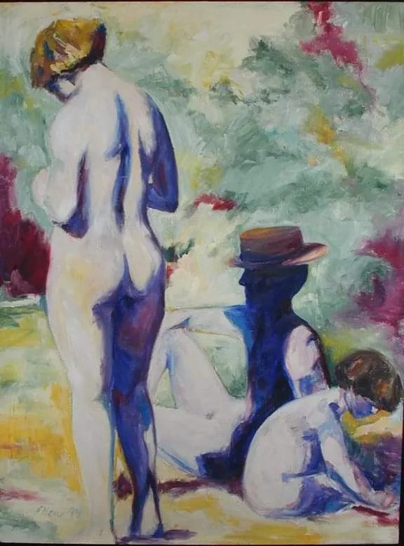 Image of an oil painting depicting skinny dippers, a mother a father and a child. 