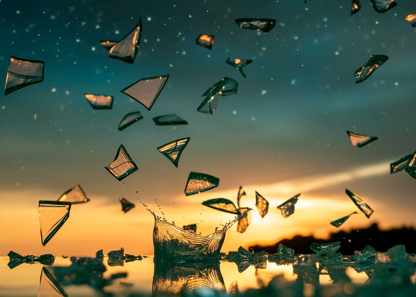 beautiful surreal image of shattered glass reflecting night sky above and splash of water below