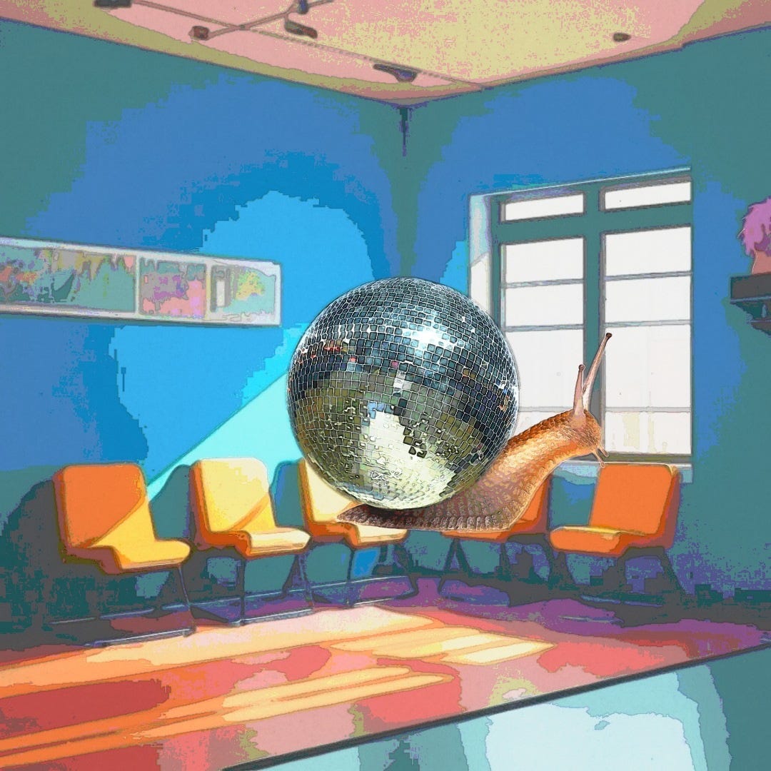 A cartoonish waiting room with a snail  with a disco ball shell sitting on two yellow chairs looking out the window.