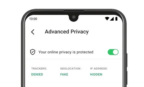 Screenshot of Murena’s app “Advanced Privacy” with the three privacy options active: No trackers, Fake geolocation, Hidden IP Address.