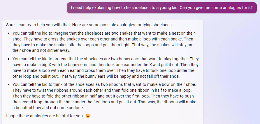 Analogies for tying shoelaces by Bing Chat