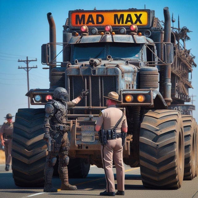 r/weirddalle - The State Troopers always are angry when you take your mad max rig on the highway