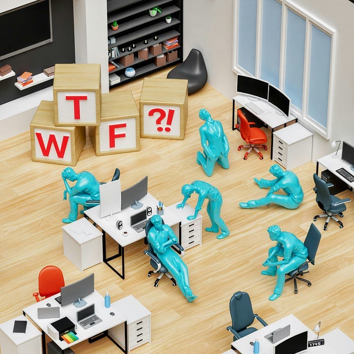 A series of plastic people in various states of despair in an office setting, while there are blocks that say WTF?! in the background