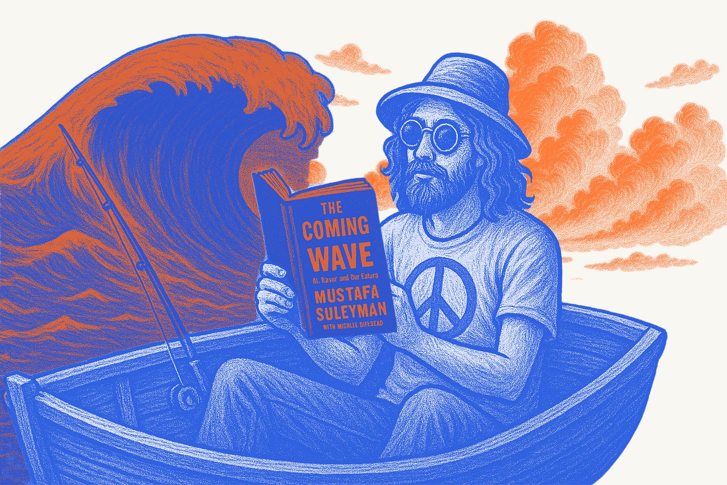 Illustration of a person calmly reading The Coming Wave by Mustafa Suleyman while sitting in a boat, as a massive orange-blue wave rises behind them — symbolizing awareness, curiosity, and staying present in the face of accelerating technological change.